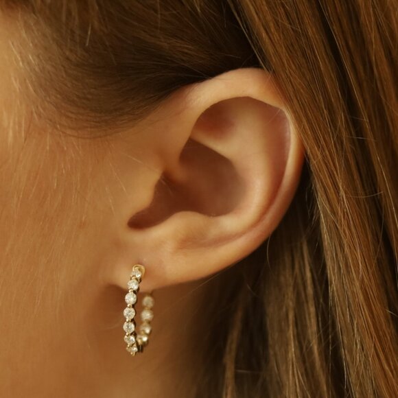 Yellow Gold Diamond Inside-Out Hoop Earrings 14k Round Brilliant 1.17ctw Pierced - Picture 3 of 5